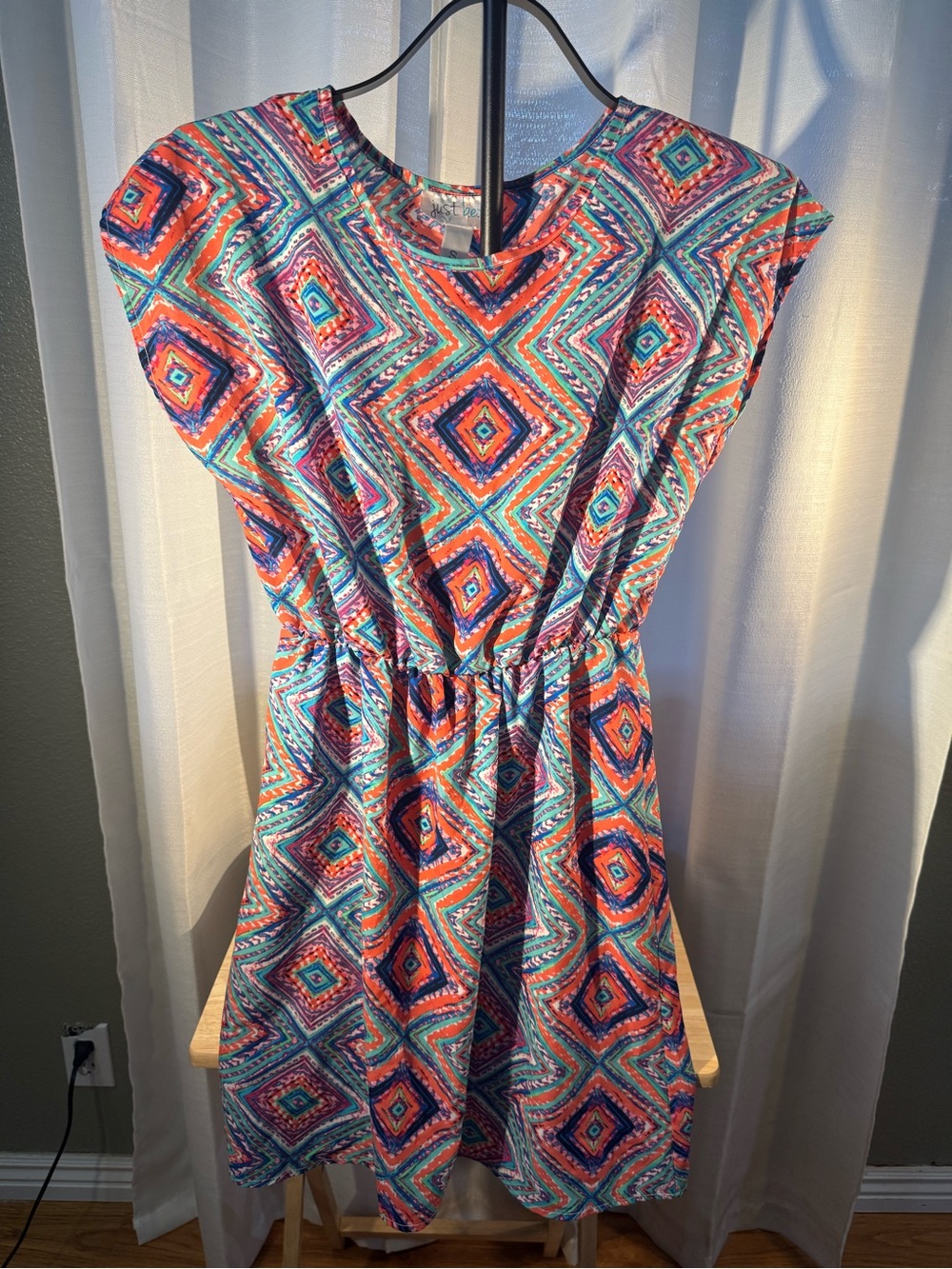 just be Turquoise & Coral Geo Print Girls Dress